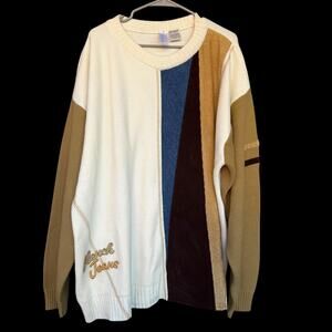 Clench Jeans Sweater Mens 3XL Cream Tan Brown Blue Patchwork Colorblock Crewneck